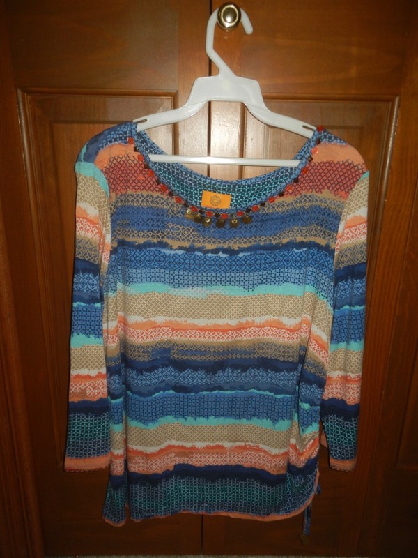 RUBY RD Womens Multi-Colored Rayon Spandex 3/4 Sleeve Embellish Pullover Top PXL