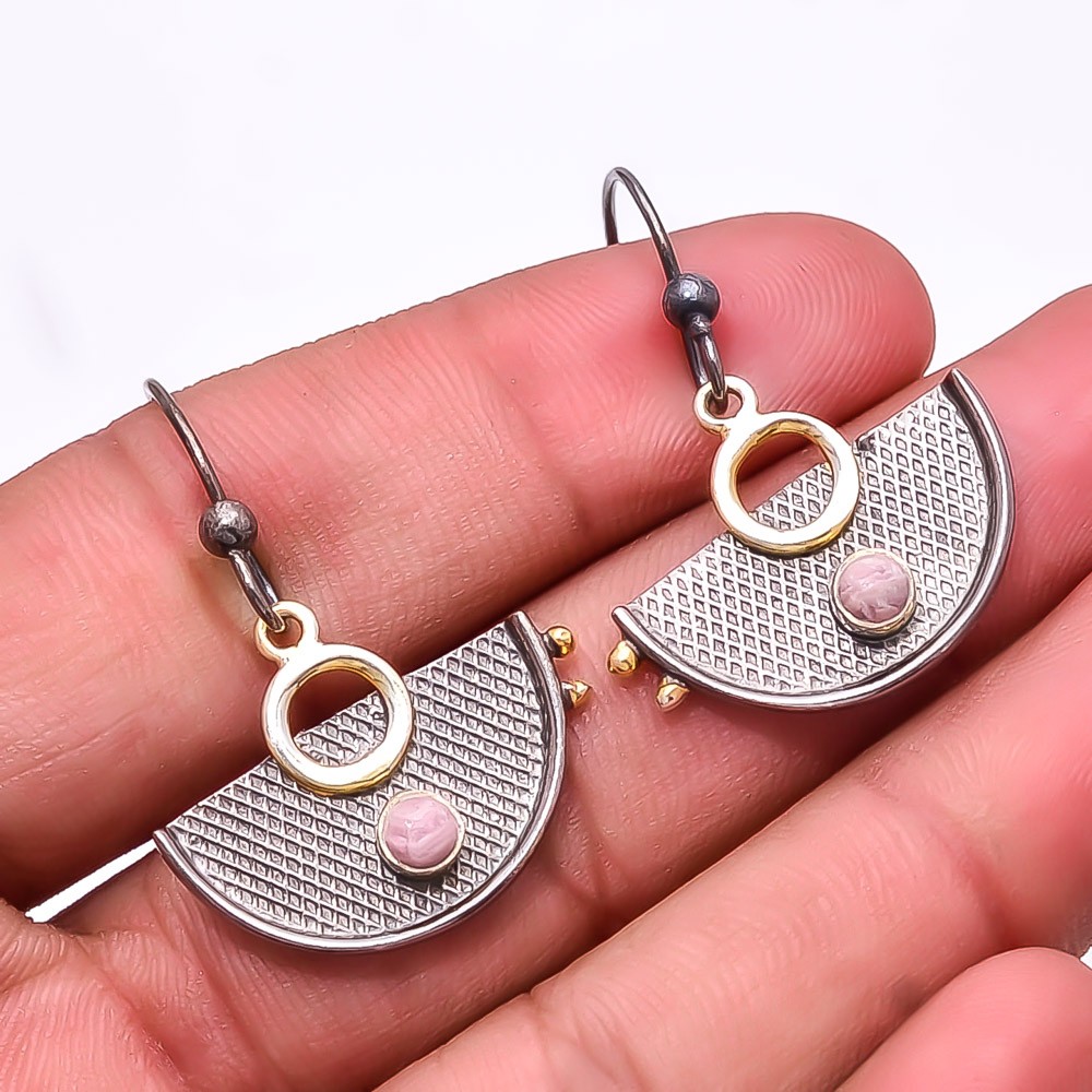 Natural Rhodochrosite Gemstone 925 Silver Black & Gold Plated Earring 1.37