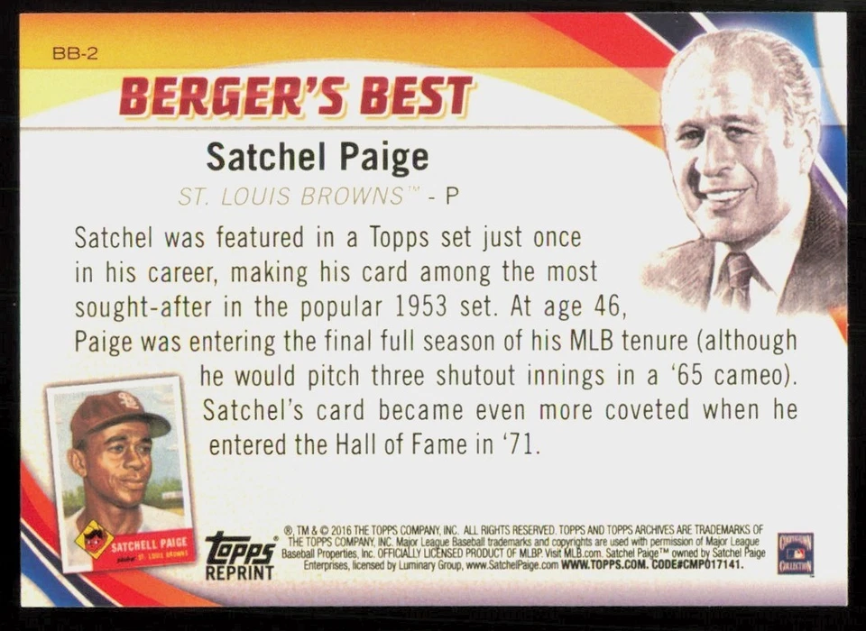 2016 Topps Berger's Best Satchel Paige St. Louis Browns #BB-2 - Image 2 of 2