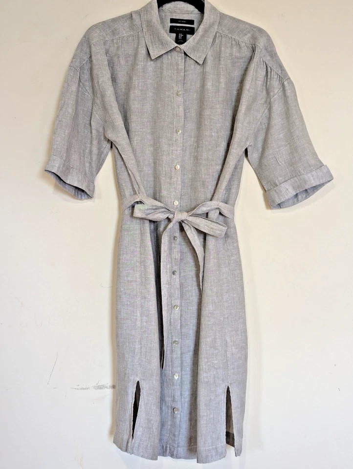 Tahari Linen Full Button Tie Waist Shirt Dress Sz M Gray Minimal Lagenlook Beach - Image 4 of 4