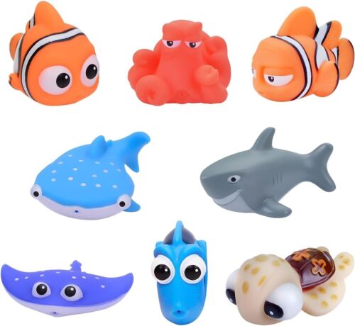 8pcs Floating Rubber Bath Toys Spray Water Clownfish Shark Sea Turtle Bathing