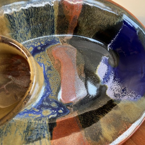 Studio Pottery Bowl Attached Chip Dip Handmade Red Blue Green Swirl 13.5” Signed - Picture 5 of 14
