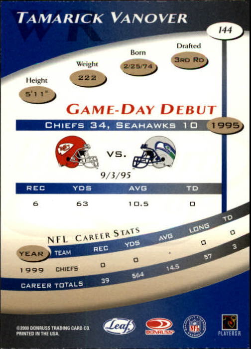 2000 Quantum Leaf Football Card #144 Tamarick Vanover - Picture 2 of 2