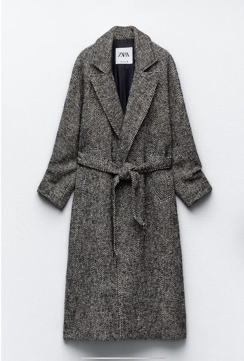 ZARA FW24 BELTED HERRINGBONE COAT GRAY SIZE XL REF. 8452/121 ZARA FW24 BELTED HERRINGBONE COAT GRAY SIZE XL REF. 8452/121