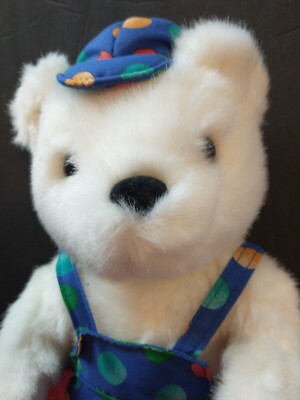 ぬいぐるみ vintage white teddy bear with rompers SKM Enterprises White Teddy Bear w/ overalls & cap Plush Stuffed