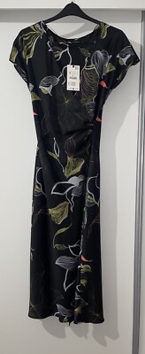 ZARA BLACK GREEN FLORAL PRINT GATHERED WAIST MIDI SATIN DRESS SIZE M BNWT