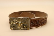 Vintage Brown Leather Belt Longhorn "J""D" Buckle 26" Long