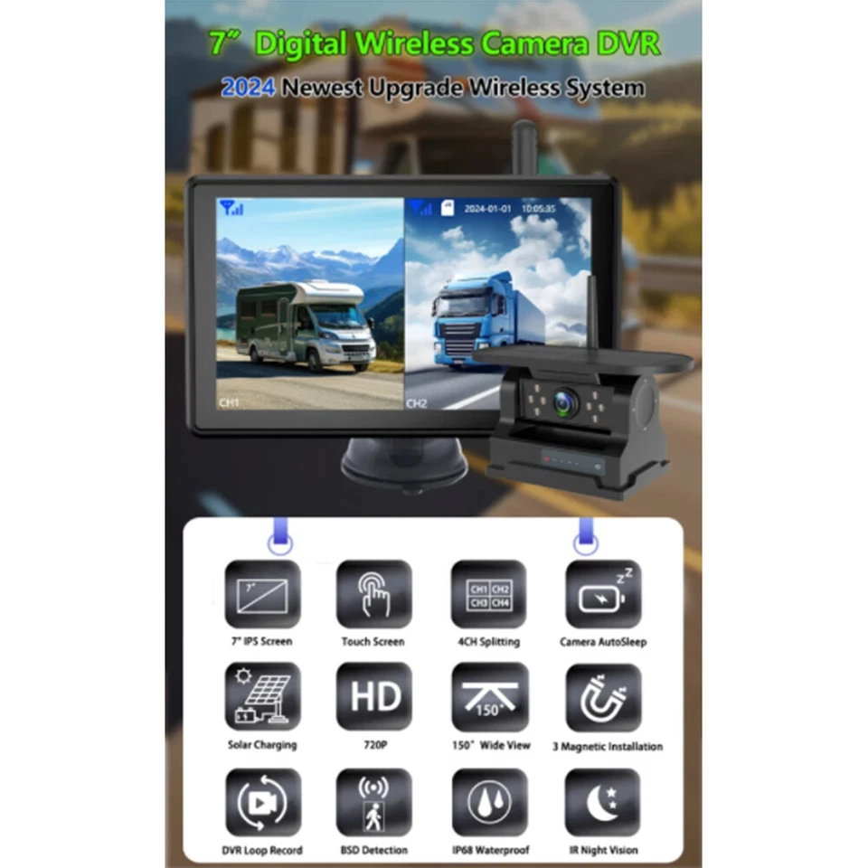7" DVR Wireless BSD Monitor 2x Magnetic Solar Backup Camera For Caravan Truck RV - Image 4 of 4