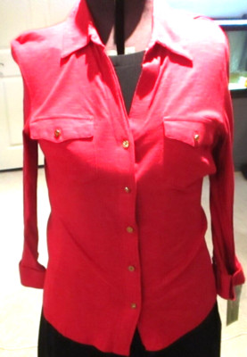 Rebecca Malone Women's Small S Red 5 Button Close Collar Roll-Up Button Cuff Top