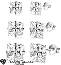 Square White Clear 925 Sterling Silver Cartilage Diamond Cut Stud Earrings 3-8MM