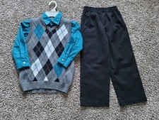 Boys Size 5 Argyle Vest, Teal Collared Shirt Black Pants Set EUC
