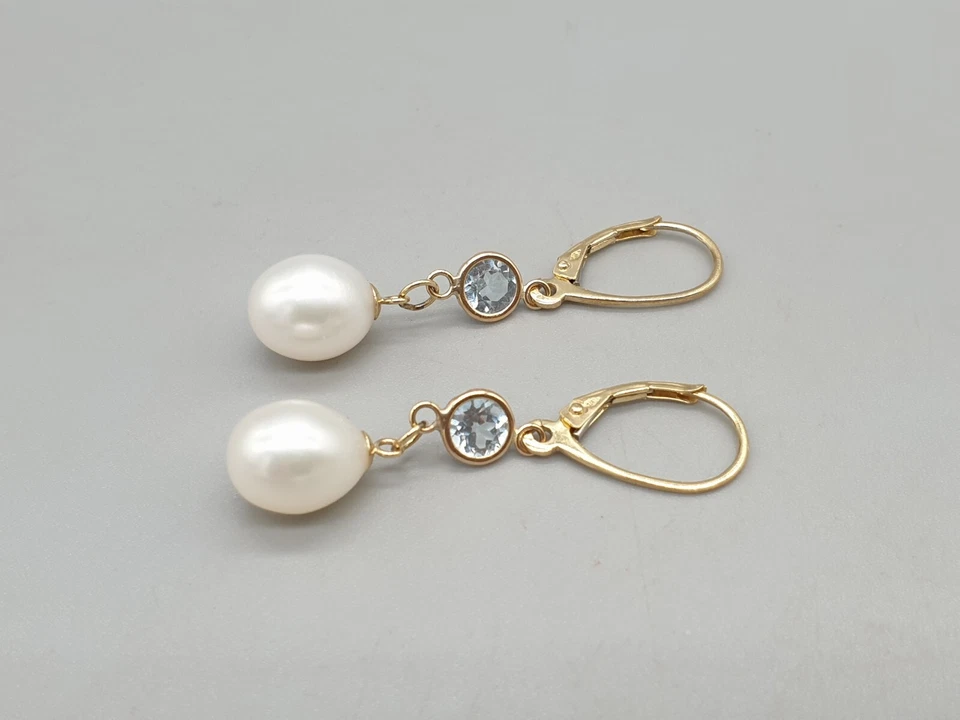 9ct Yellow Gold Gemstone and Cultured Pearl Earrings 9K Drop Dangle Leverback - Image 4 of 4