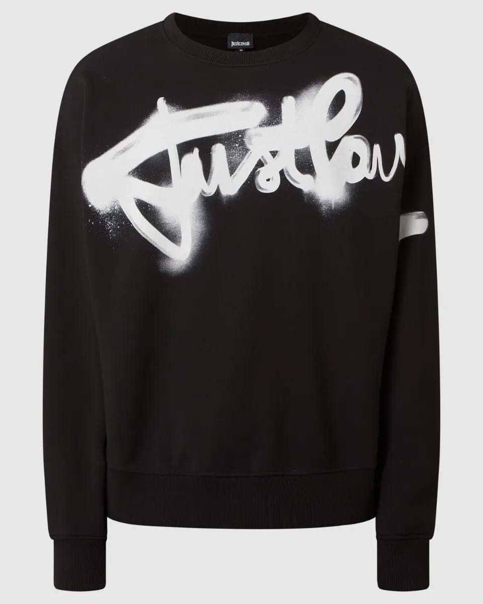 JUST CAVALLI SOHO CREW NECK SWEATSHIRT WITH SPRAY LOGO PRINT- BLACK.