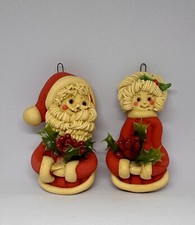 Primitive Vintage Clay Santa Mrs. Claus Christmas Ornaments 4 X 2.25