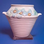 Vtg. Weller Pottery Vase White With Blue Flowers Double Handled Ribbed 5”