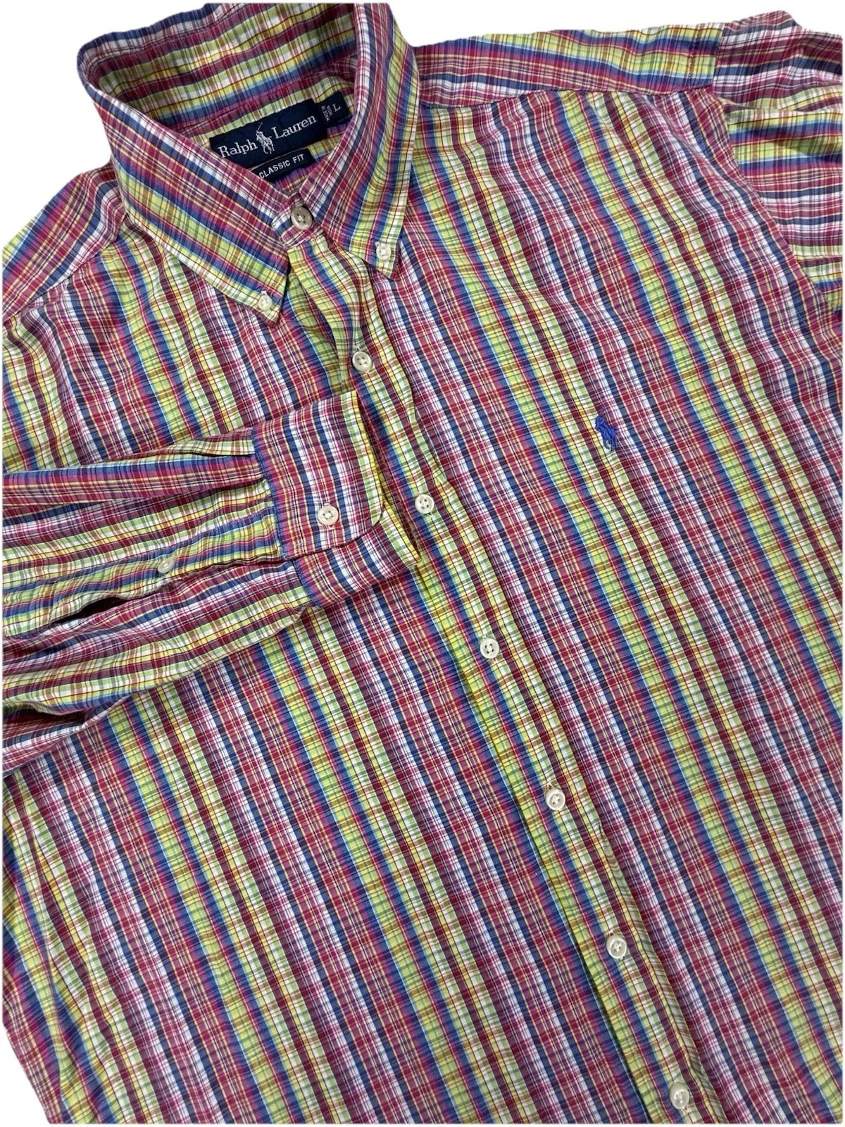 Ralph Lauren Shirt Men's Large Pink Blue Yellow Plaid Classic Fit Pony