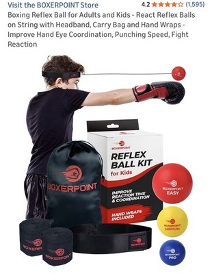 BOXERPOINT Reflex Ball Kit for Kids, Headband, 3 Balls, Hand Wraps, Carry Bag