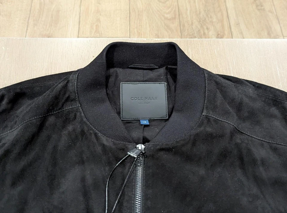 $598 Mens COLE HAAN Full Zip Suede Bomber Jacket Black Large - Image 2 of 4