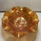 Vintage Imperial Glass Bowl Rose Marigold Carnival Ruffled Stippled Iridescent