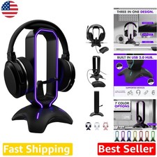 RGB Gaming Headset Stand w/ USB Hub Mouse Bungee - Sleek Black Desk Holder