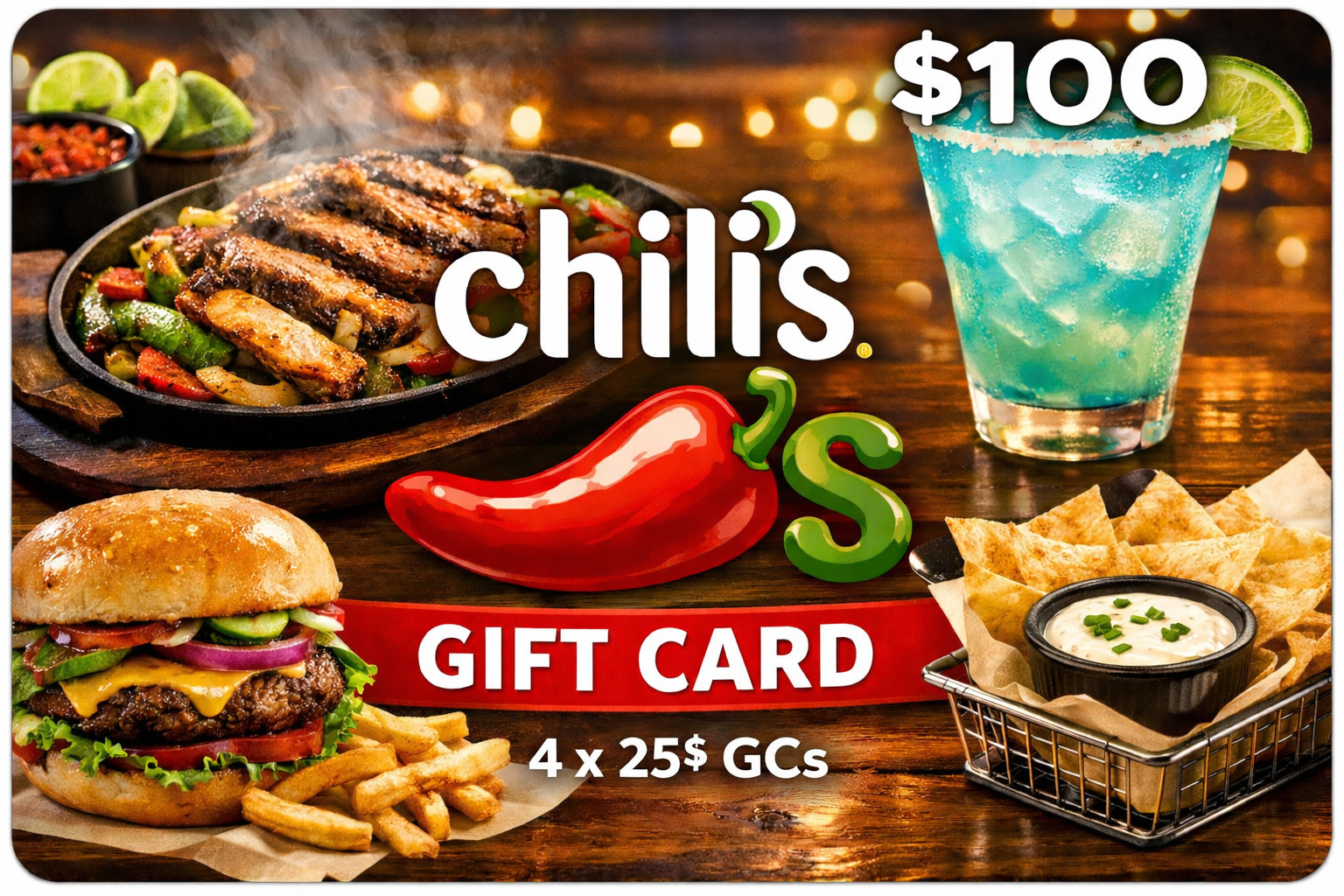 Chilis $100 E-Gift card value 4x25$ Pinless Online In Store READ Maggiano's