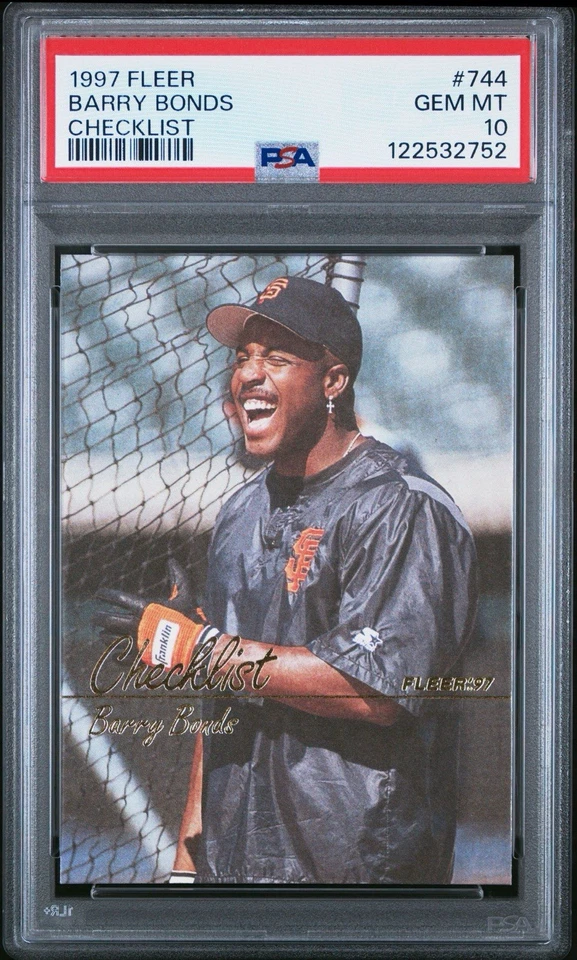 Fleer Checklist 1997 Barry Bonds #744 PSA 10 gemas como nuevo Gigantes Salón de la fama Foto 3 de 4
