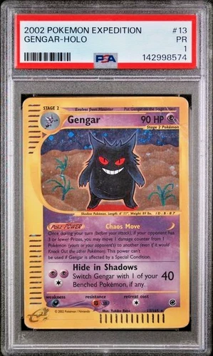 HUGE SWIRL PSA 1 2002 Expedition Gengar Holo Foil 13/165 WOTC E-Reader Pokemon