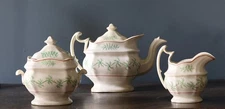 Mid 19th C English Creamware Seaweed Sprig Ware Set Of Three Tea Service
