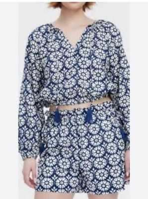 Women s roller rabbit Floral Long Sleeve Tie-Neck Boho Top Navy with Tassels set
