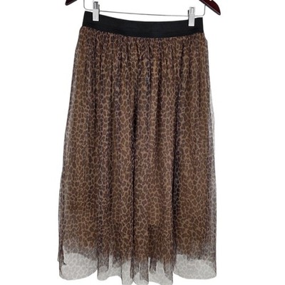 Easel Leopard Tulle Midi Skirt M Brown Animal Print Mesh Elastic Waist Boho
