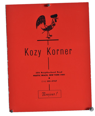 Mastic Beach NY - KOZY KORNER Diner Menu - c. Late 1960s Early 1970s Long Island