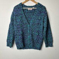 Vtg Chunky Knit Cardigan Sweater Purple Green 80s 90s Granny Preppy Funky Cozy M