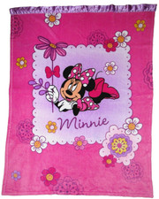 Disney Minnie Mouse Holding Daisy Flower Throw Blanket Pink Purple Satin Trim
