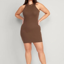 Old Navy Sleeveless Racer Fitted Rib-Knit Mini Dress Womens M Peppercorn Bodycon