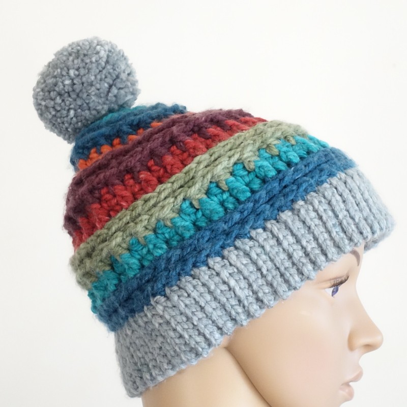 Original Handmade Crochet Beanie Hat Adult Gray Blue Orange Turquoise w/ Pom Pom
