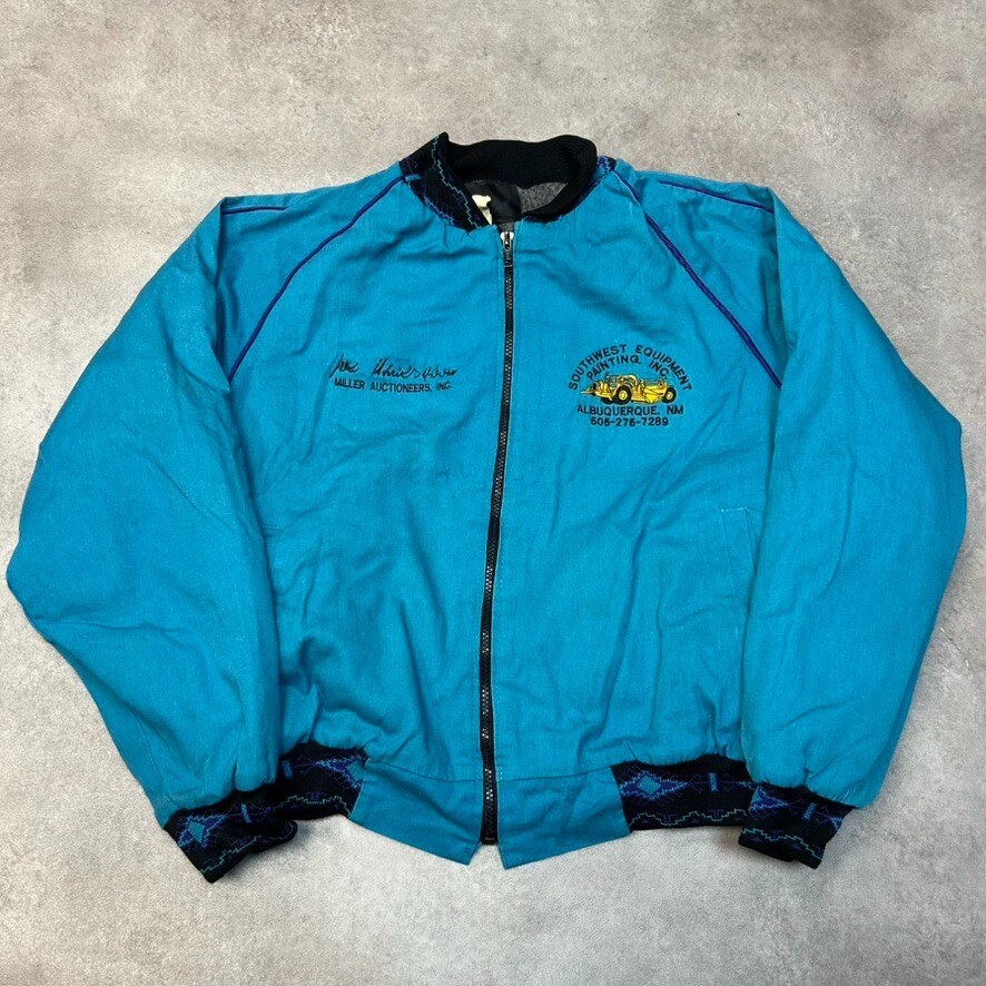 Vintage Blue Aztec Canvas Bomber Jacket for Men - Large Size with Full Zip & Blanket Lining-image