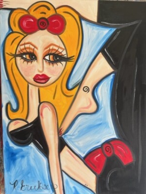 Original Abstract Oil Painting Medium Canvas Folk Art Pinup Outsider Ericksen