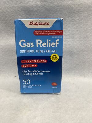 Walgreens Gas Relief, Extra Strength, Simethicone 125mg 50 Softgels Box Damage