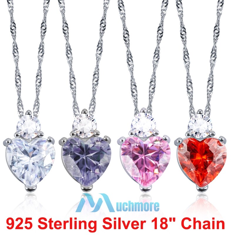 925 Sterling Silver Crystal Heart Amethyst Topaz Pendant Necklace 18