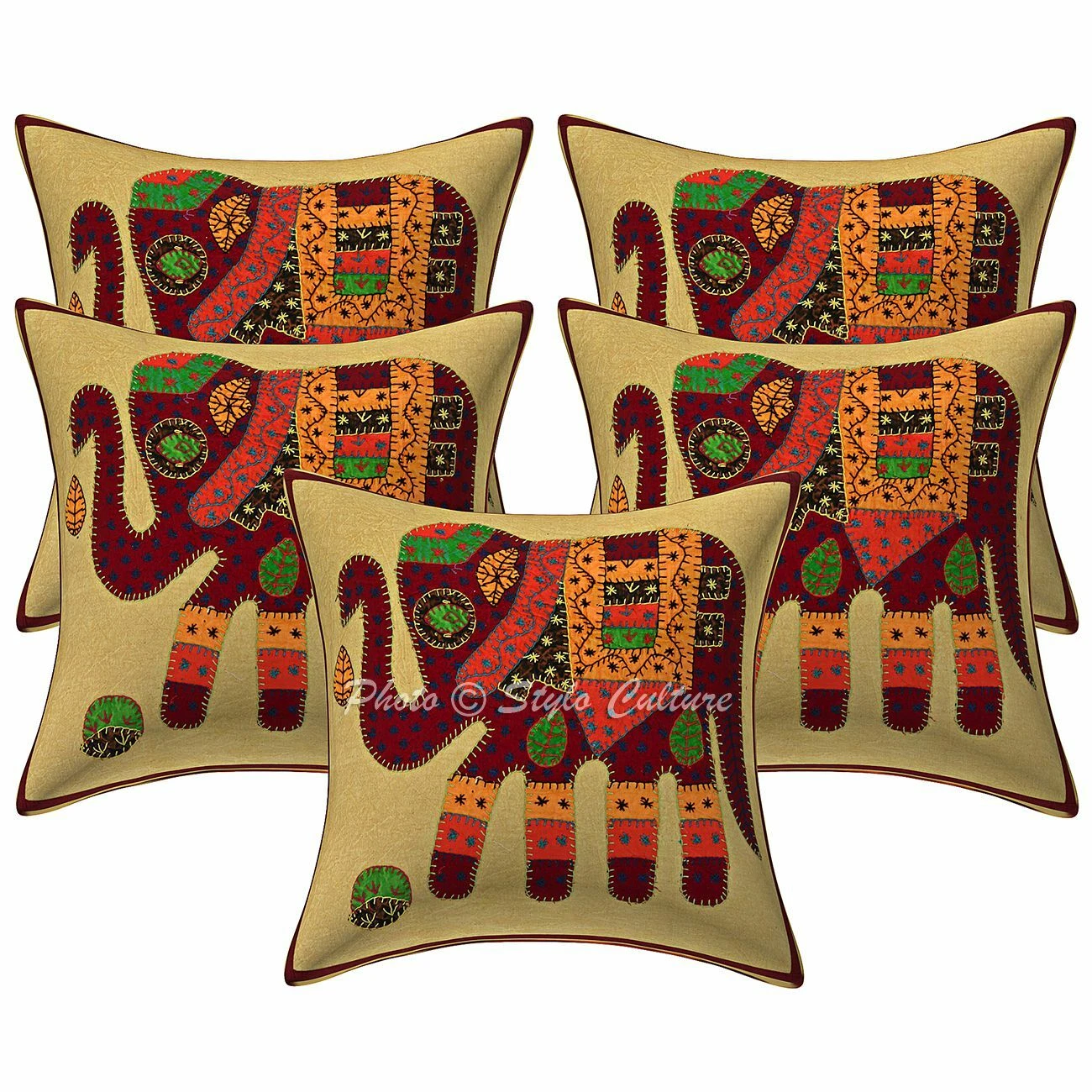 Decorative Cotton Elephant Maroon 16 Inch Applique Patchwork Throw Pillow Covers