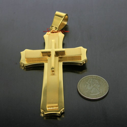 Huge Big Stainless Cross Men's Necklace Pendant Heavy Large Gold Plated 3 Layer - Picture 6 of 10
