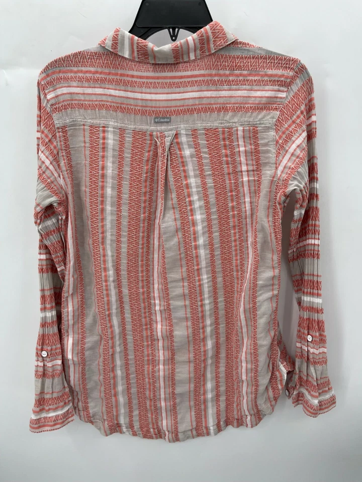 Columbia Top Mujer Mediano Rosa Rayas Abotonadas Manga Larga Camisa Boho Exterior Foto 2 de 4