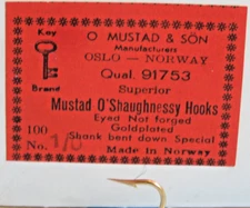 Vintage O Mustad & Son  Fish Hooks 100 Gold  Plated Sz.  1/0 Special Shank.  New