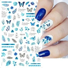 Nail Art Sticker Decal Blue Butterflies Floral Flower Leaves F819 NH21
