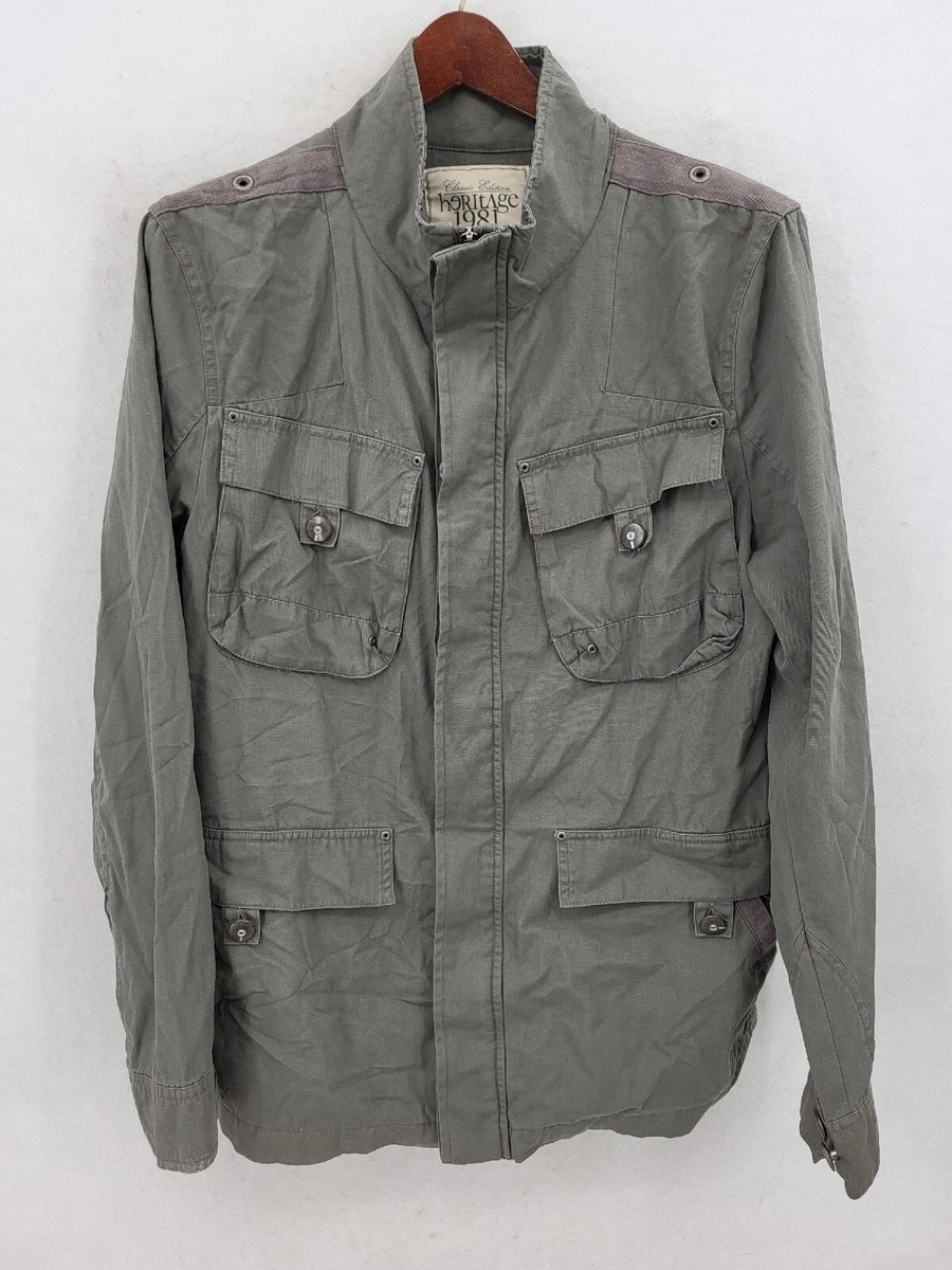 Heritage 1981 Grey Green Mens Lightweight Cargo Jacket w Button