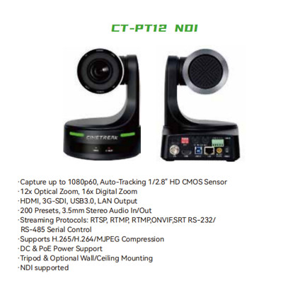 Cinetreak CT-PT12 NDI Kamera 10/20x SDI HDMI Webcam Auto-Tracking