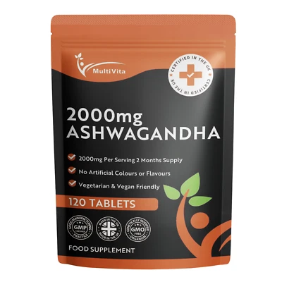 Ashwagandha 2000mg 120 Vegan Tablets Stress Anxiety Relief Pure Root Extract UK