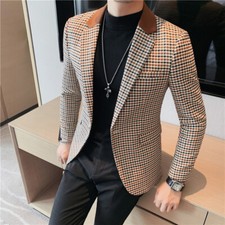 Men Check Dress Jacket Coat Notch Lapel Suit Blazer Splice Casual