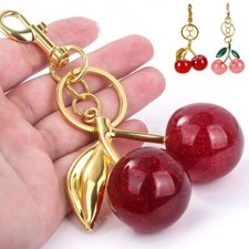 New Cherry Bag Charm Keychain Glitter Resin and Metal Brass Red Apple