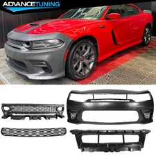 Fits 15-23 Charger Front Bumper w/ SRT Style Upper Lower Grille Foglight Cover